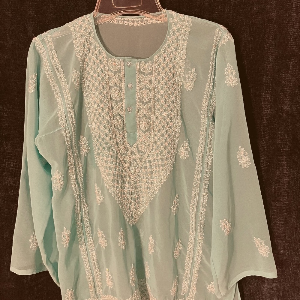 Flame & Flamingo Sheer V neck tunic with embroidery and sequins Size L